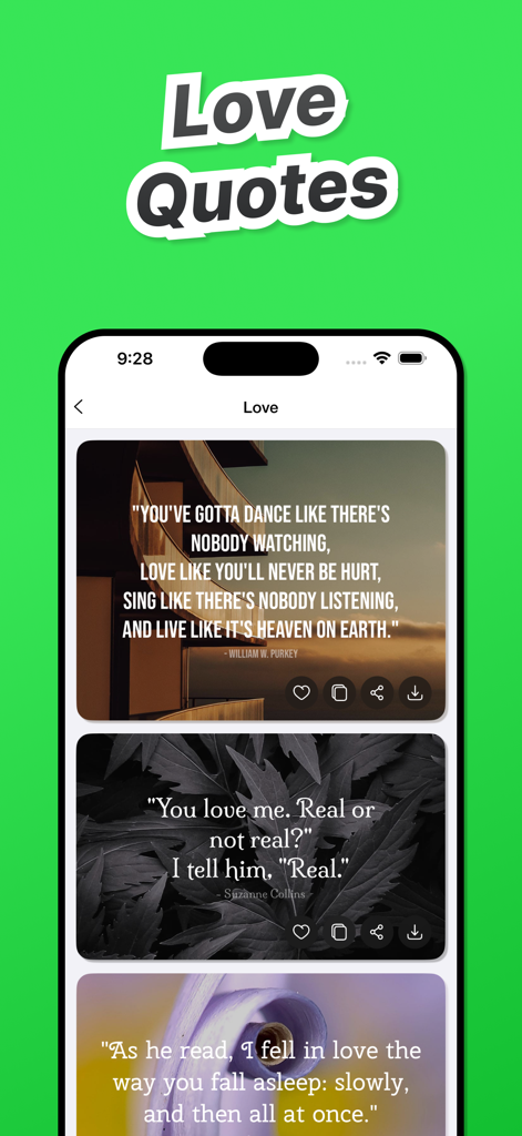 Save Status for WA +WASticker - Smartphone screen showing a variety of romantic love quotes with aesthetic background images for WhatsApp status updates