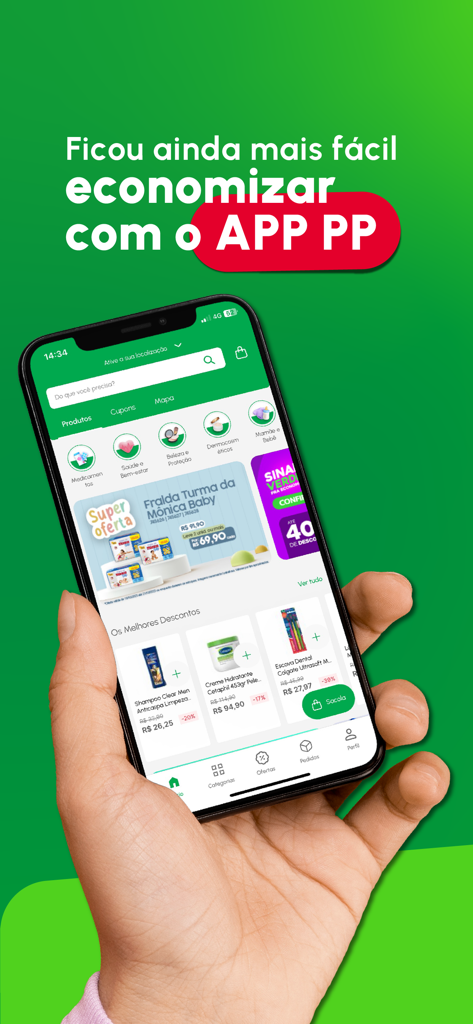 Farmácia Preço Popular - Teléfono inteligente mostrando la página de inicio de la app Farmacia Preco Popular con descuentos en salud y belleza