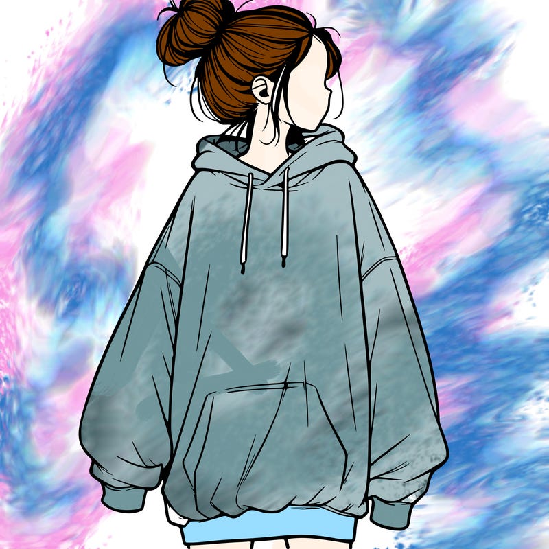 realistic girl with a oversized sweatshirt on and a bun