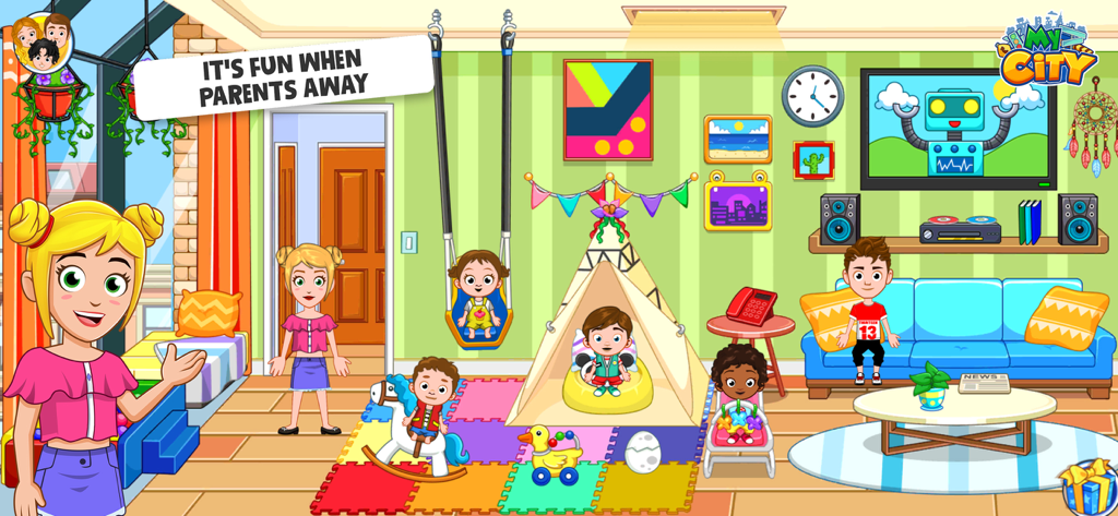 My City : Babysitter - A babysitter and children playing in a colorful daycare room with toys and a teepee