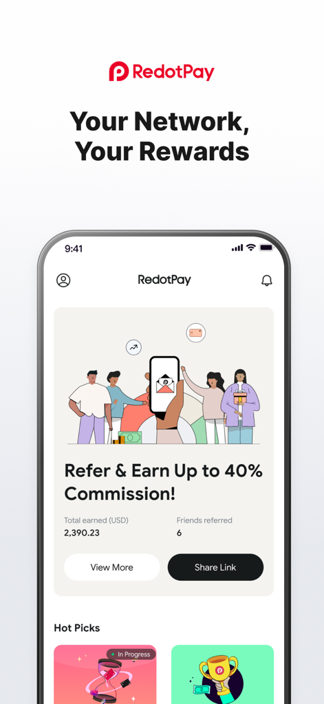 RedotPay: Crypto Card & Pay - RedotPay mobile App-Oberfläche, die das Dashboard des Empfehlungsprogramms und die Prämien anzeigt