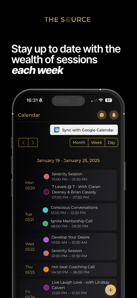 The Source. - Weekly schedule of personal growth and mentorship sessions in The Source app calendar view.