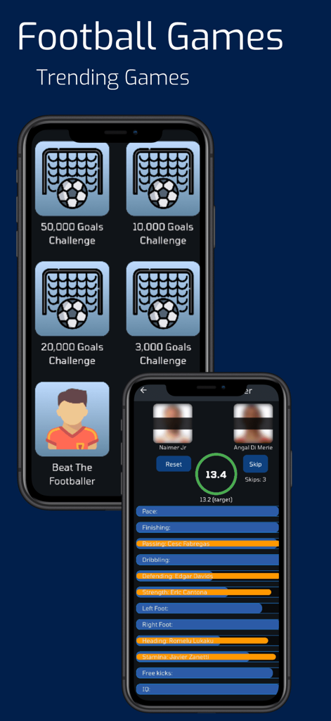 Mini-Sports Games - Interface of the Mini-Sports Games app showing football goal challenges and a player attribute comparison screen