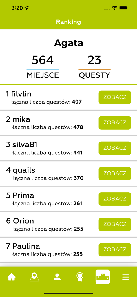 QUESTY - Wyprawy Odkrywców - Ein Ranglistenbildschirm in der Questy-App, der Benutzer-Ranglisten und die Anzahl der abgeschlossenen Quests anzeigt.