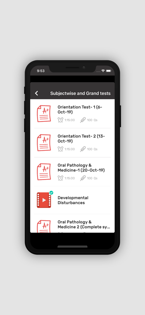 Dental Pulse Academy - Dental Pulse Academy app interface showing a list of subjectwise tests and video lectures for dental exam preparation