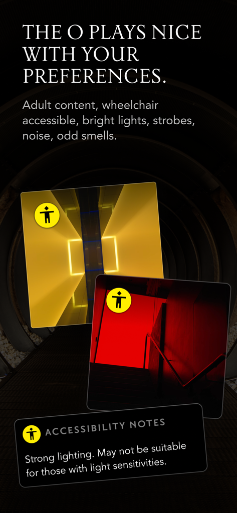 The O - The O app screen showing accessibility notes and sensory preferences for museum visitors.