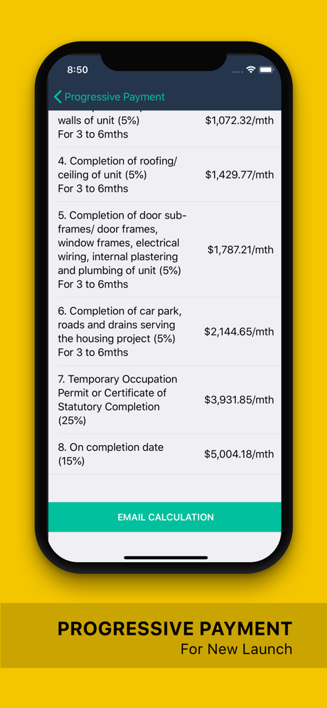 SG Property Toolkit PRO - SG Property Toolkit PRO app screen displaying progressive payment stages and monthly mortgage calculations for a new Singapore property launch.