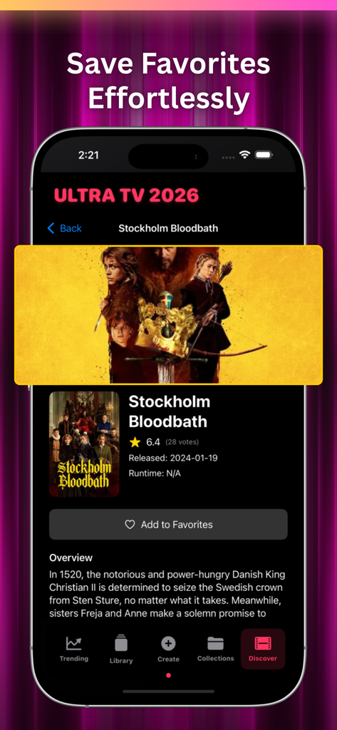 Ultra TV 2026 - Ultra TV 2026 앱 인터페이스에 영화 상세 정보와 즐겨찾기에 저장하는 버튼이 표시됩니다.