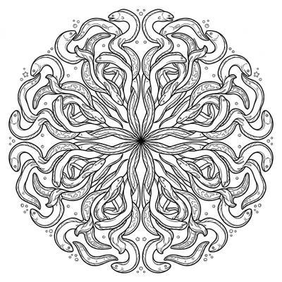Explore the mesmerizing world beneath the waves with this unique marine eel mandala. Its symmetrical design featuring intertwined eels offers a relaxing and captivating coloring experience.