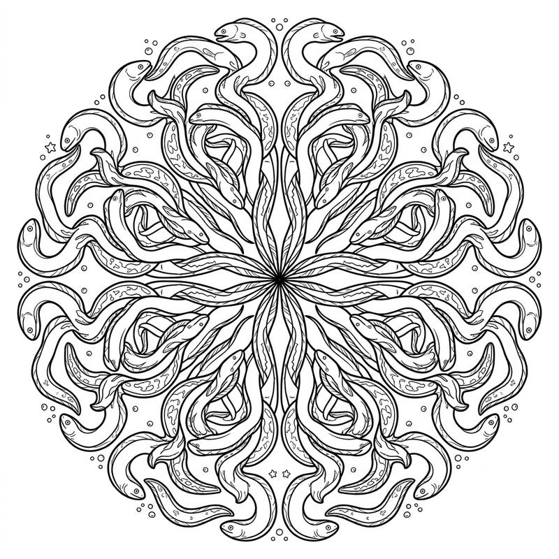 Explore the mesmerizing world beneath the waves with this unique marine eel mandala. Its symmetrical design featuring intertwined eels offers a relaxing and captivating coloring experience.