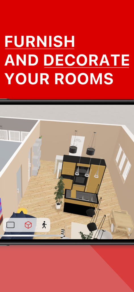 Roomle 3D & AR room planner - Uma visão aérea 3D de uma cozinha e sala de jantar modernas mobiliadas dentro da interface do aplicativo Roomle