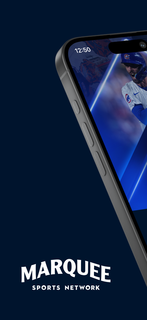 A smartphone displaying a Chicago Cubs baseball game on the Marquee Sports Network app with the network logo below
