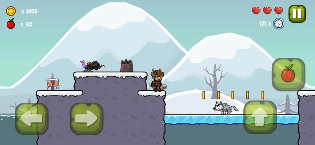 Nipo's World - Um personagem navegando em uma paisagem de montanha nevada no jogo de plataforma 2D Nipo's World.