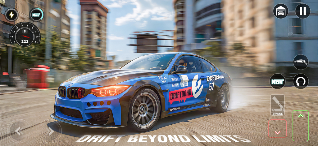 Une voiture de sport bleue modifiée en train de dériver dans une rue de la ville dans le jeu Real Car Driving City 3D avec le texte Drift Beyond Limits.