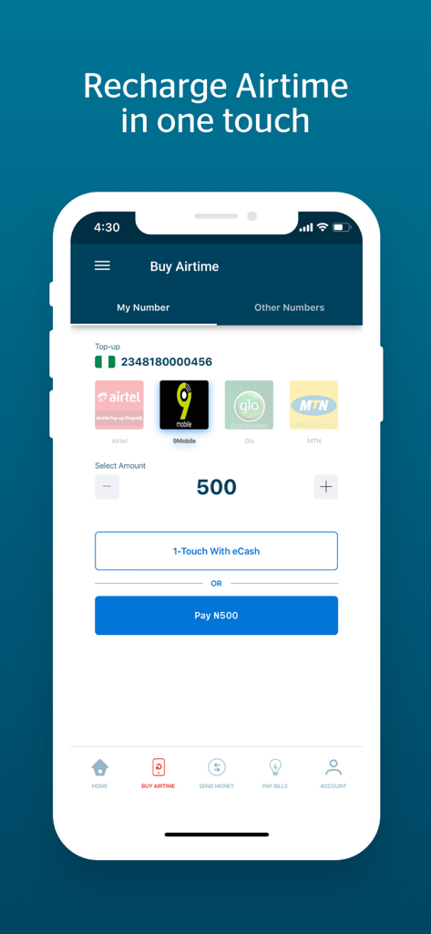 Quickteller -Payments & Wallet - Quickteller app interface for mobile airtime recharge showing options for Nigerian networks like MTN and Glo.