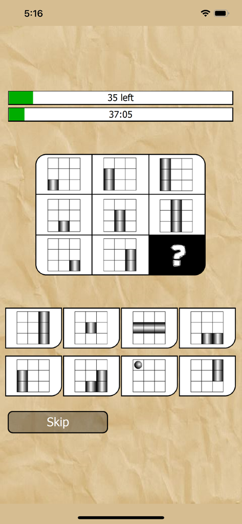 What is my IQ - A logic pattern puzzle with a 3x3 grid and multiple choice answers in the What is my IQ app