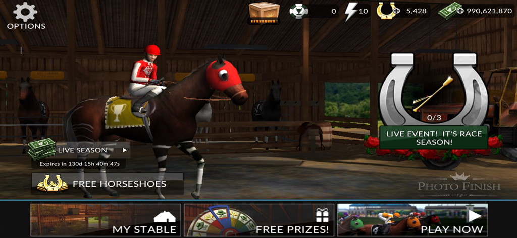 Photo Finish Horse Racing - Photo Finish Horse Racing game menu showing a jockey on a horse in a stable