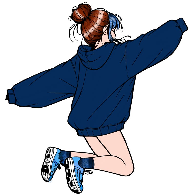 realistic girl jumping with a bun and oversized sweatshirt