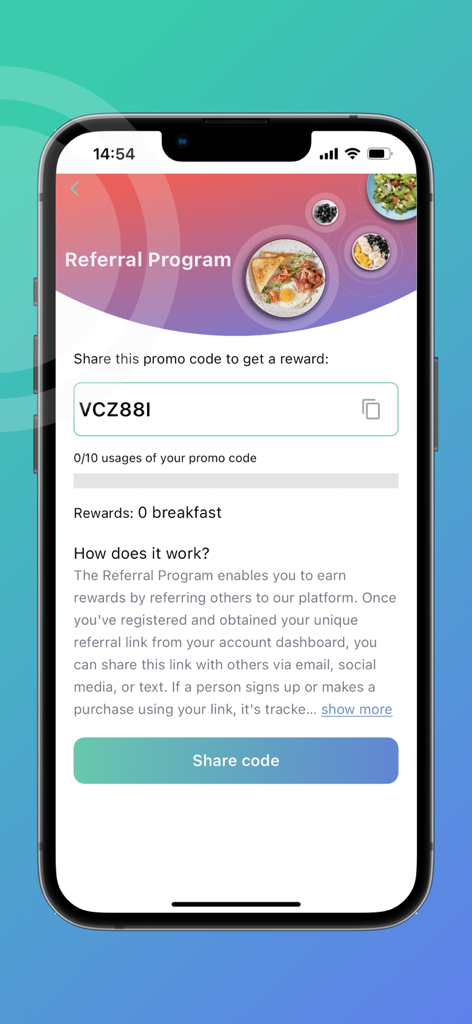 Eat in Hotels - Referral program screen in the Eat in Hotels app showing a promo code for rewards like free breakfast