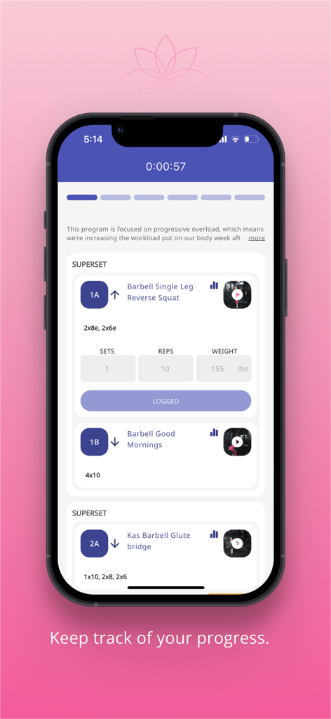 Una schermata di app mobile che mostra un timer di allenamento e la registrazione degli esercizi per squat con bilanciere e glute bridge all'interno dell'app di stile di vita Bicah.