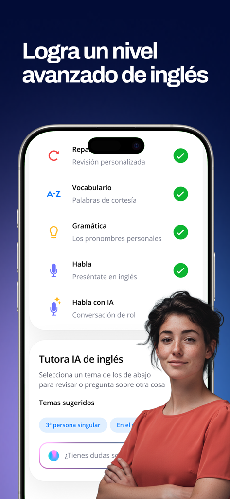 Master English - Interfaz de la aplicación Master English con un tutor de IA y una lista de lecciones de inglés completadas.