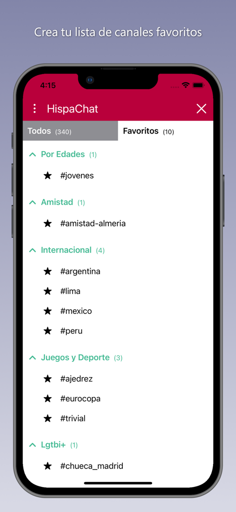 Screenshot der HispaChat-App, der eine kategorisierte Liste von bevorzugten spanischsprachigen Chaträumen zeigt