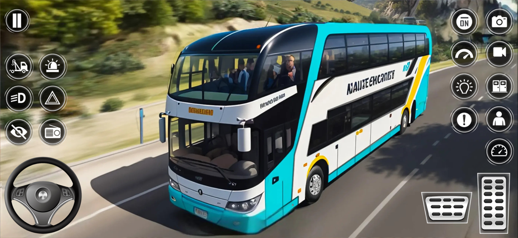 US Bus Simulator Coach Games - Captura de pantalla del juego de un autocar de dos pisos conduciendo por una carretera abierta con controles móviles en pantalla.