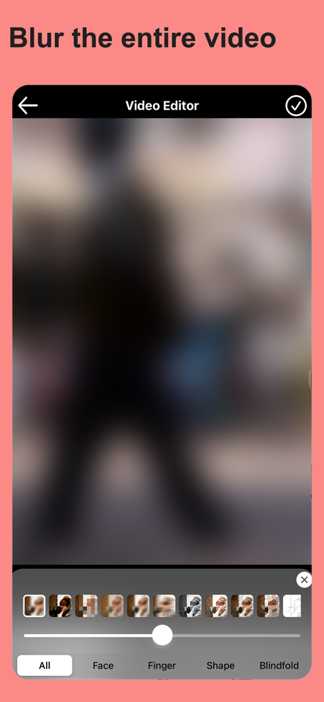 Mobile interface of Blur Video and Mosaic app showing a fully blurred video frame with various mosaic options