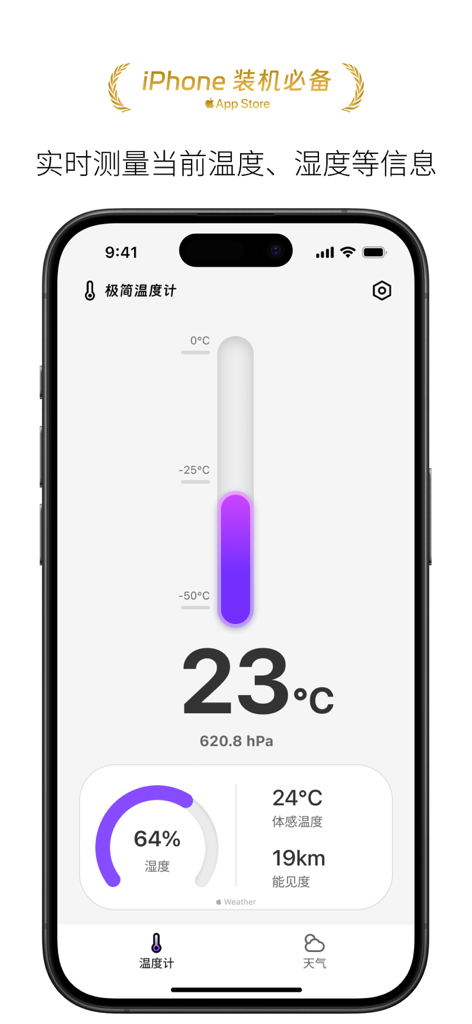极简温度计-实时温度计精准测量温度湿度 - Minimalist thermometer app interface on an iPhone displaying real-time temperature and humidity.