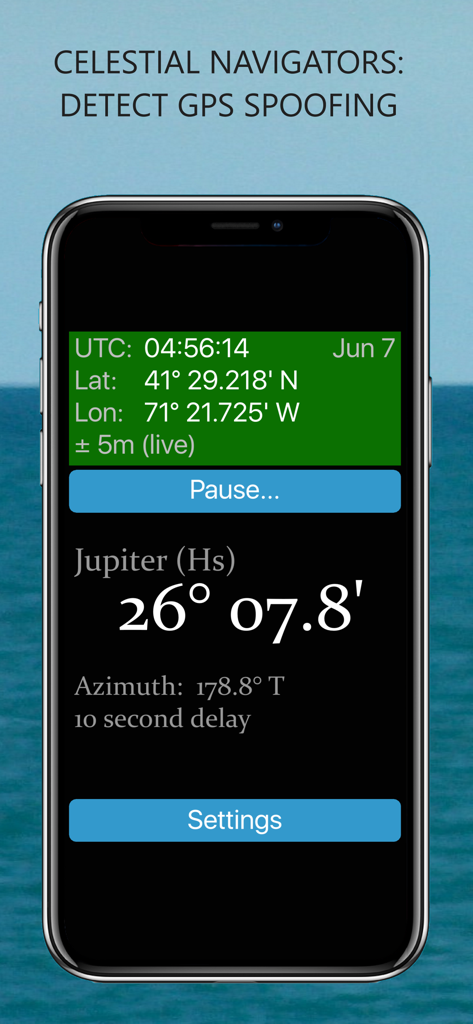 GPS Anti Spoof Pro app showing celestial altitude and GPS coordinates for maritime navigation