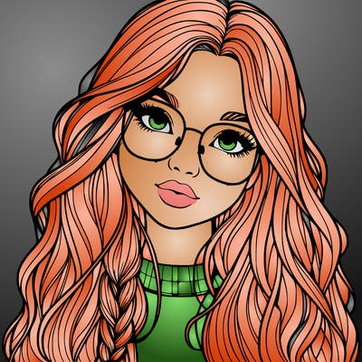 girl with long hair and freckles and glasses realistic