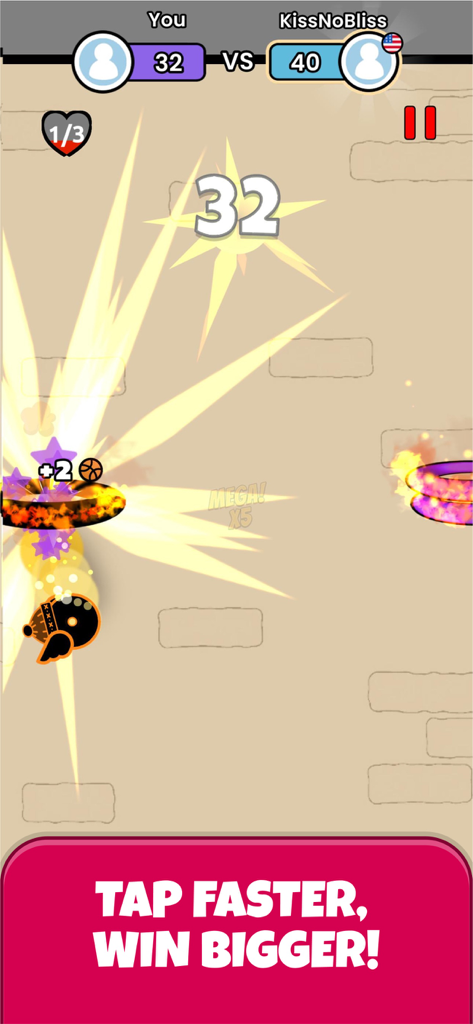 Flappy Dunk competitive match showing a winged basketball jumping through a flaming hoop with a score board at the top