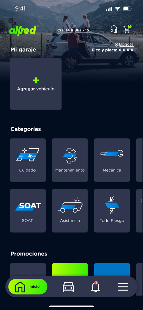 Dashboard dell'app Alfred che mostra le categorie di servizi di manutenzione e assicurazione auto in spagnolo