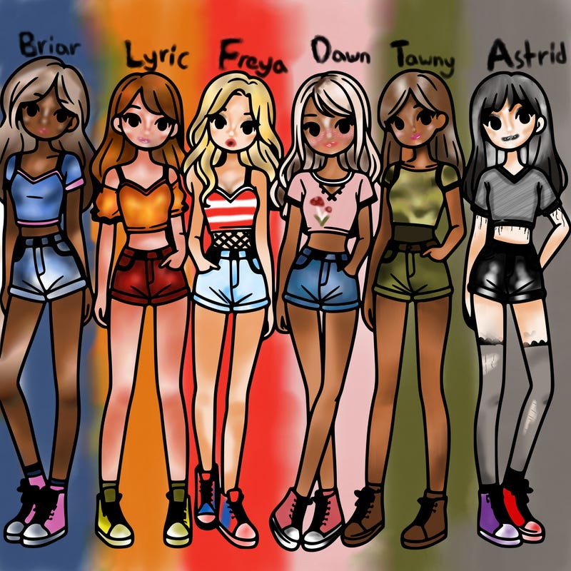 a group of girls wearing crop tops and shorts