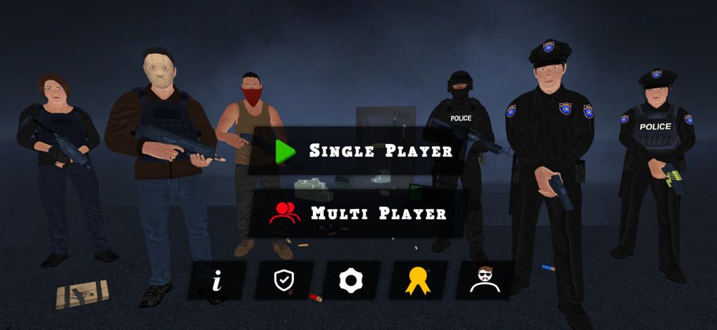 Main menu of Justice Rivals 3 featuring robbers and police officers with game mode options