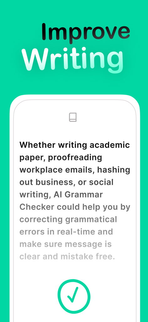 Grammar Checker AI for English - Bildschirm der KI-Grammatikprüfungs-App, der Funktionen zur Verbesserung des Schreibens für akademische und berufliche Zwecke zeigt