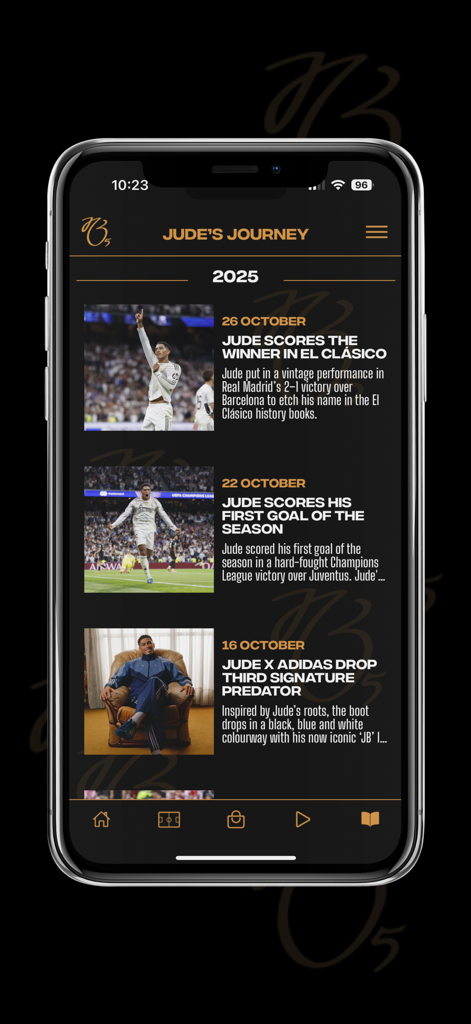 JB5 - Jude Bellinghams career timeline and milestones from 2025 in the official JB5 mobile app
