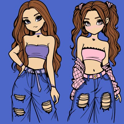 2 girls in crop tops and baggy jeans ripped