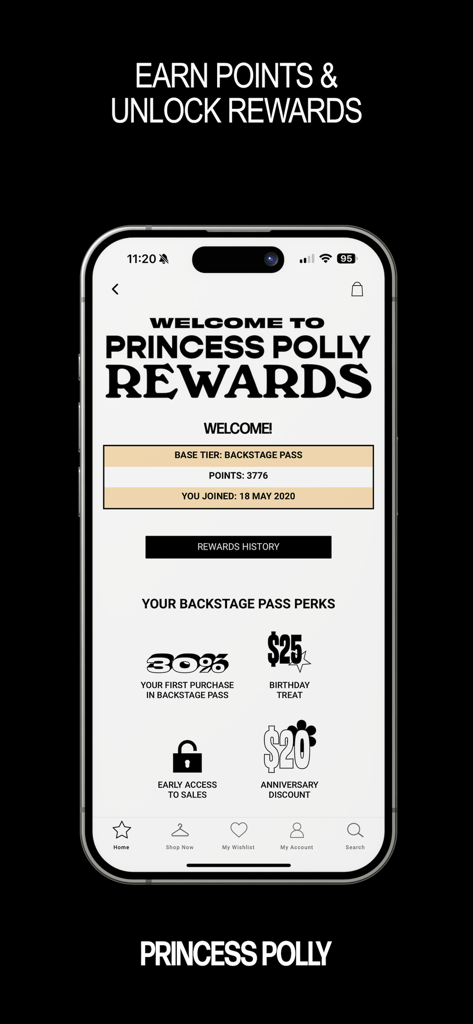 Princess Polly app rewards screen showing loyalty points and membership perks