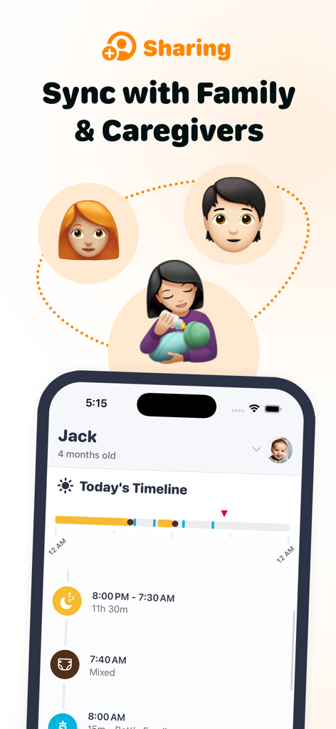 Baby Tracker App by Sprout - Sprout Baby Tracker app interface showing the family sharing feature and a daily activity timeline for a baby.