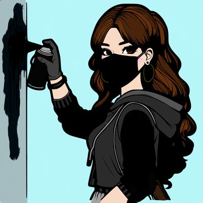 realistic girl with mask spray painting a wall