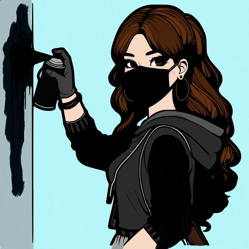 realistic girl with mask spray painting a wall