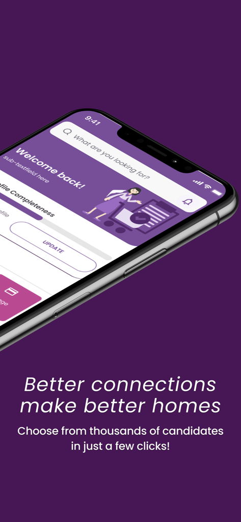 Ministry of Helpers mobile app interface on a smartphone showing the search bar and welcome screen