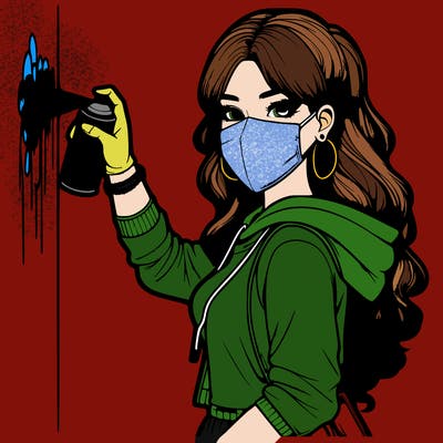 realistic girl with mask spray painting a wall
