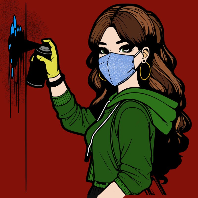 realistic girl with mask spray painting a wall