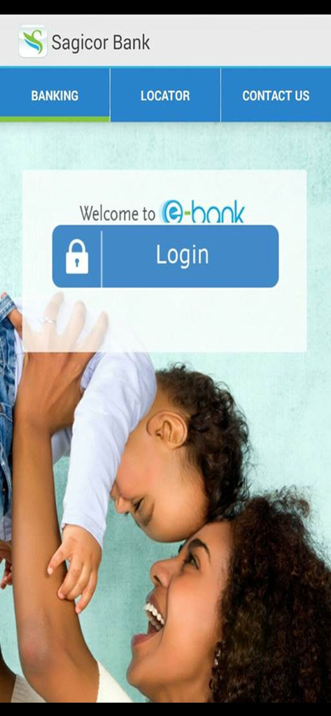 Sagicor Jamaica eBank - ウェルカムメッセージと家族の背景が表示されたSagicor Jamaica eBankモバイルアプリのログイン画面
