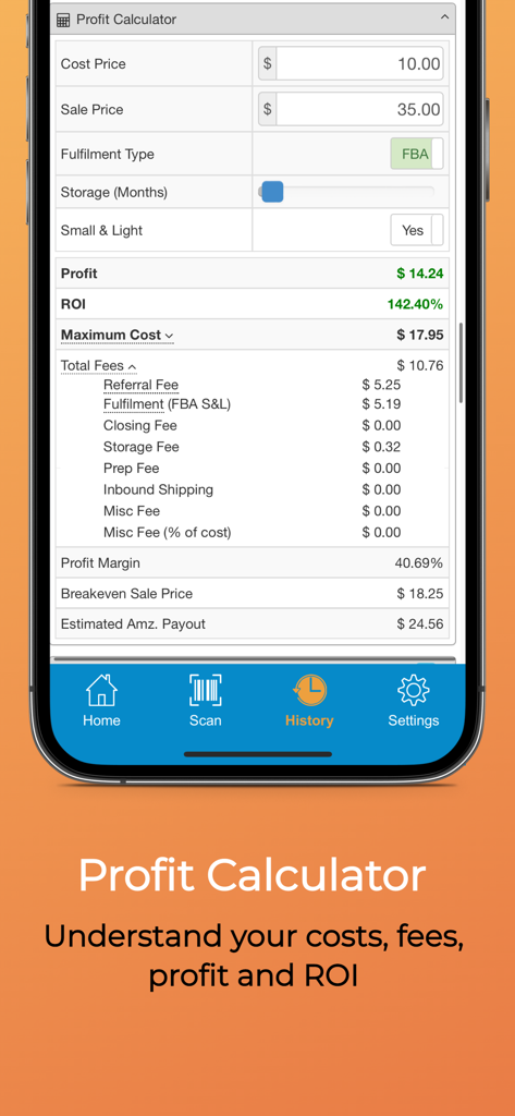 SellerAmp SAS mobile app interface showing a detailed Amazon profit calculator with ROI and fee breakdown