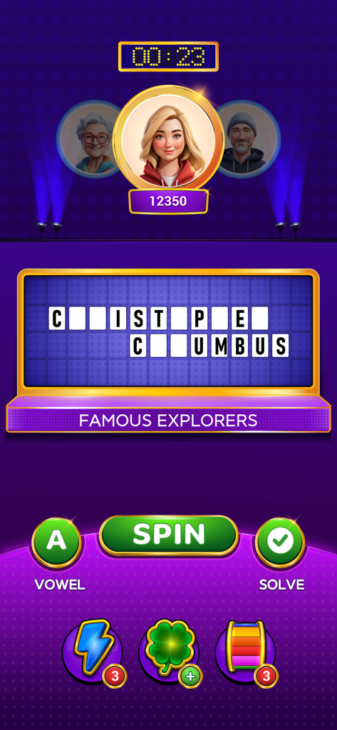 Fortune Words – Lucky Spin - Tela de jogabilidade de Fortune Words Lucky Spin mostrando um quebra-cabeça de palavras sobre exploradores famosos e avatares de personagens.