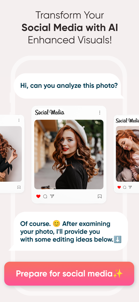 Interface de l'outil d'analyse IA pour les réseaux sociaux montrant des suggestions d'édition de photos et l'optimisation de la grille