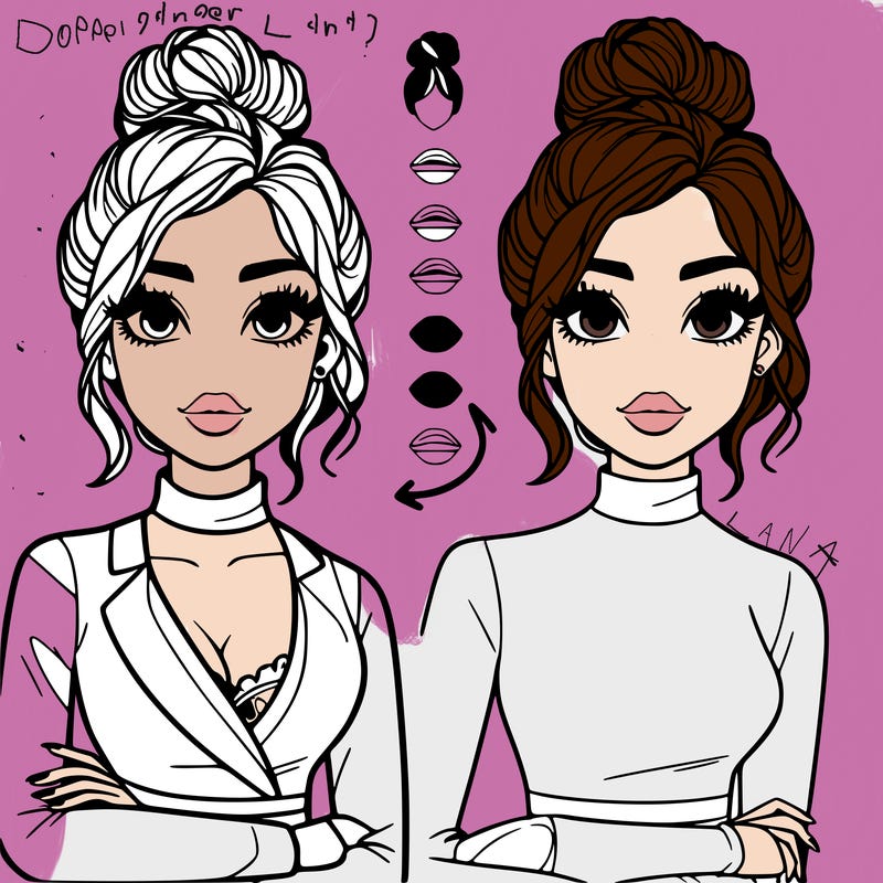 lana from dress to impress. messy bun, long sleeves shiry with turtle neck, hot, full face, adult, nail lady, half portrait only showing from head to waist